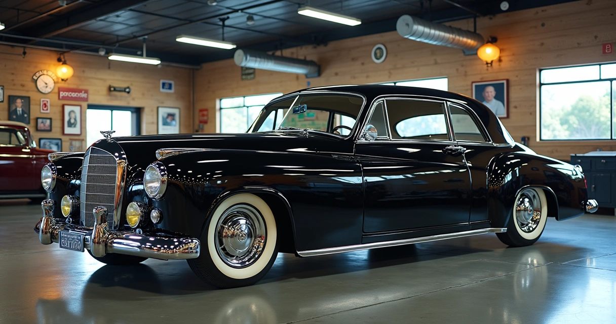 Carro clássico antigo em garagem iluminada 