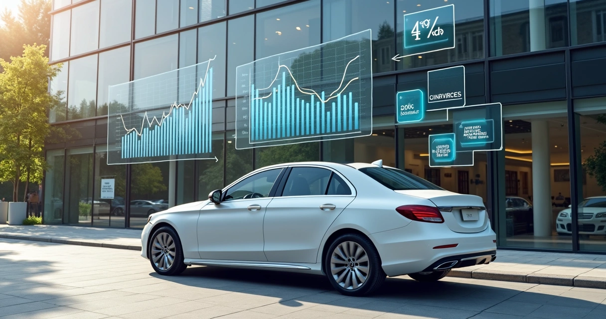 Carro novo em frente a empresa, gráficos de economia e riscos sobrepostos