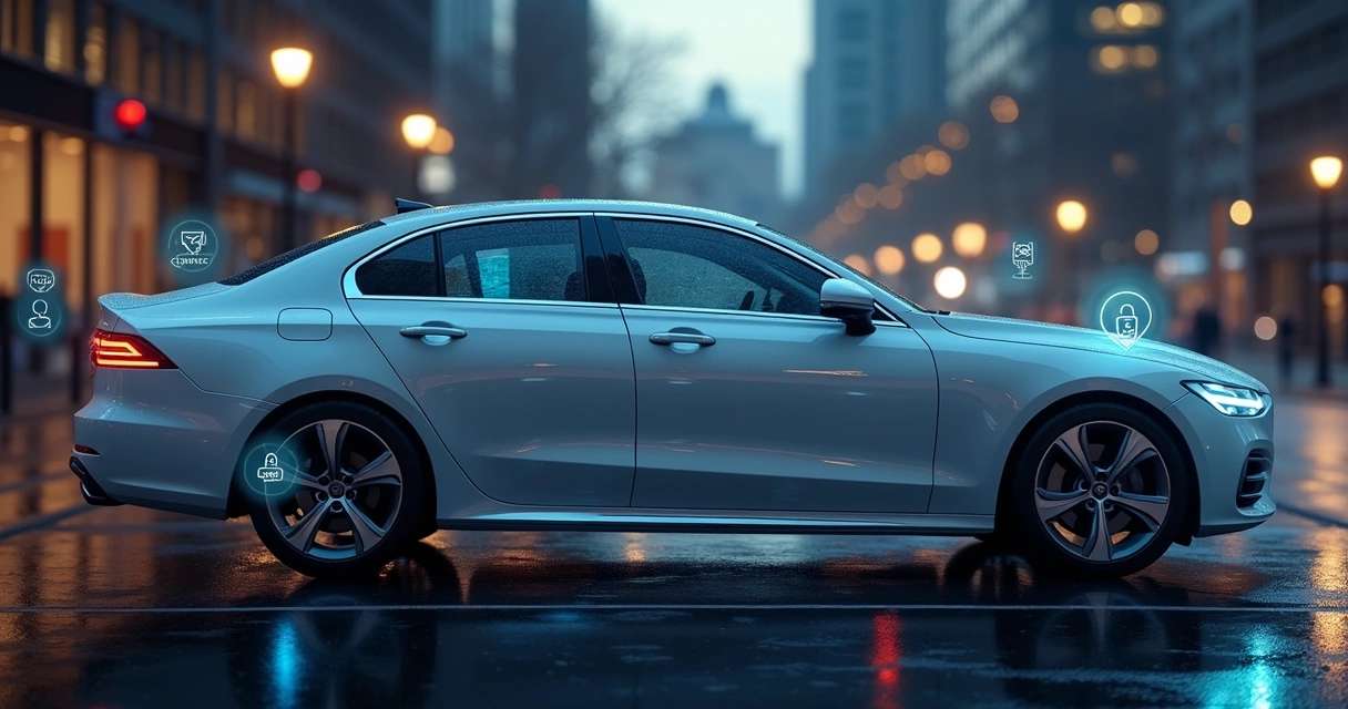 Carro moderno estacionado com sistema antifurto visível e tecnologia avançada ao redor 