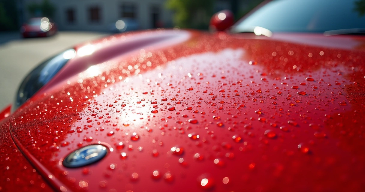 Camada vitrificada transparente protegendo pintura de carro vermelho 