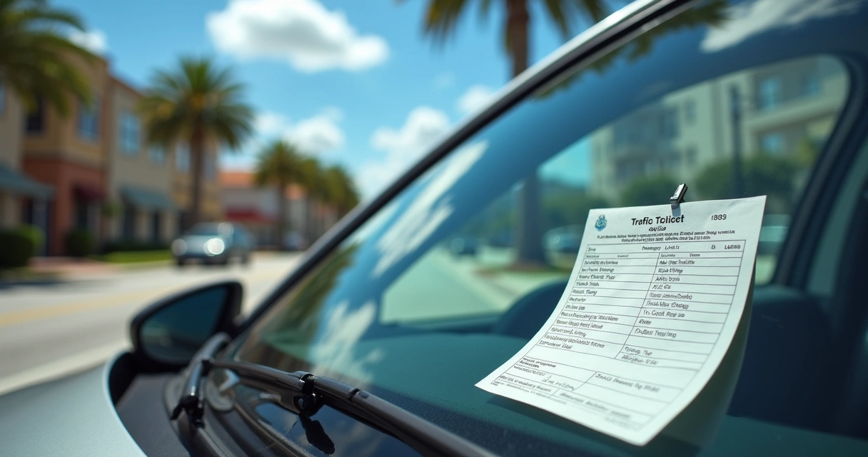 Carro estacionado em Orlando com multa presa ao para-brisa. 