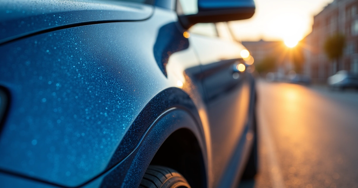 Carro com pintura metálica sob a luz do sol 