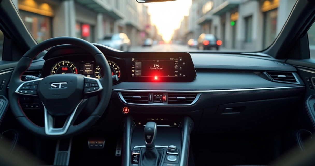 Painel digital de carro com botão start-stop iluminado e volante moderno 