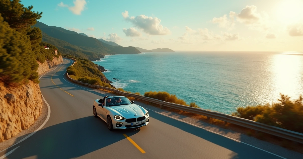 Carro conversível dirigindo por estrada sinuosa em St. Barth
