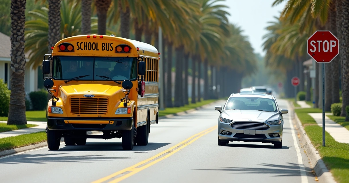 Carro passando por ônibus escolar parado no trânsito nos Estados Unidos
