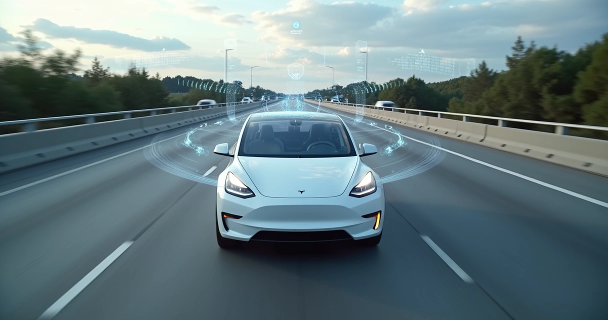 Carro elétrico Tesla com sensores em rodovia moderna 
