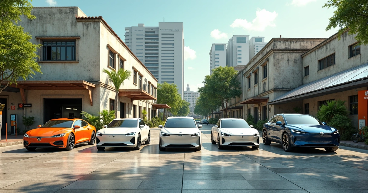 Linha do tempo do carro elétrico brasileiro com modelos históricos e atuais em fundo urbano moderno 