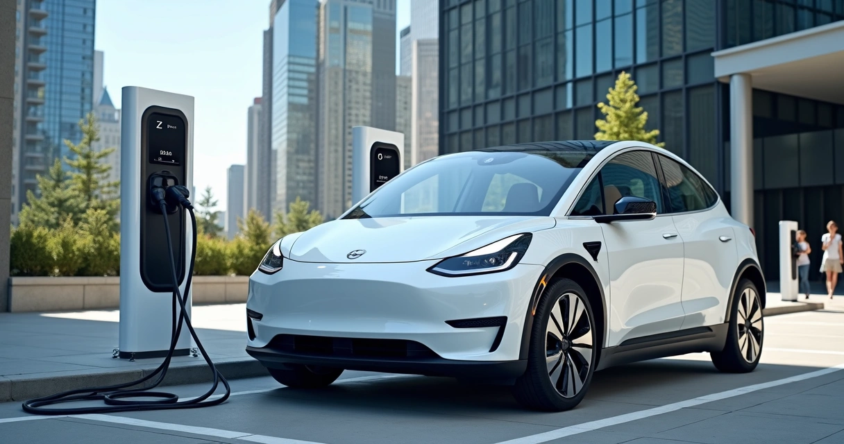 Carro elétrico branco recarregando em estação urbana 