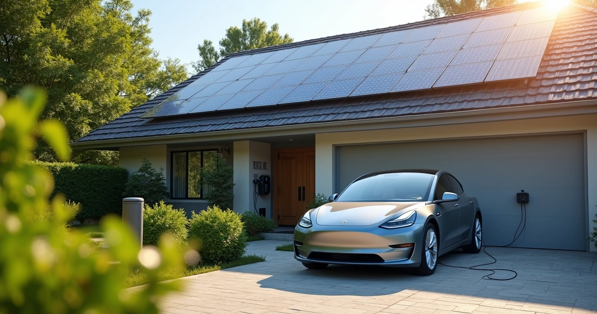 Automóvel elétrico plugado em estação residencial de recarga solar 