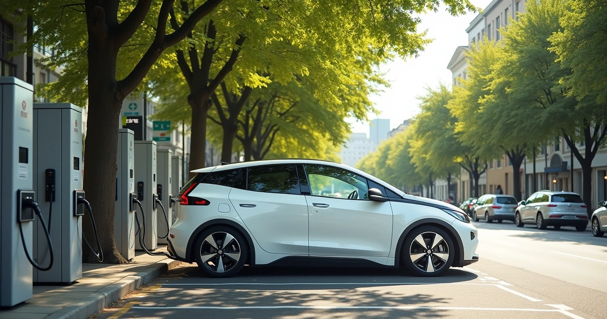 Carro elétrico branco carregando em rua com árvores 