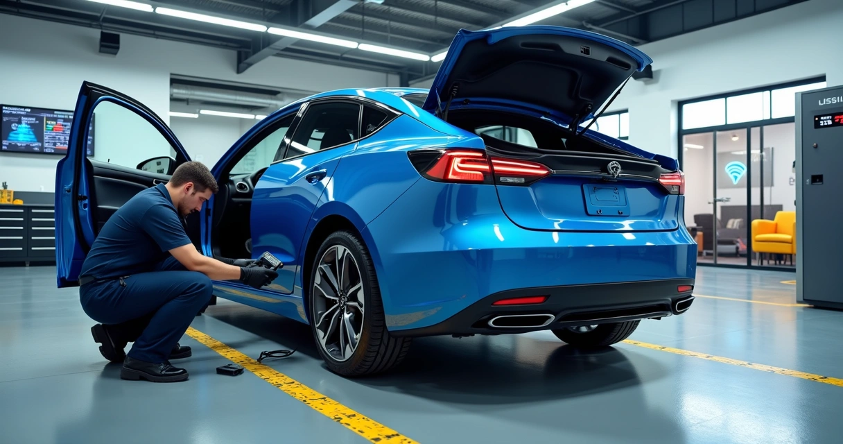 Carro elétrico azul estacionado em estação de manutenção moderna com técnico inspecionando bateria 