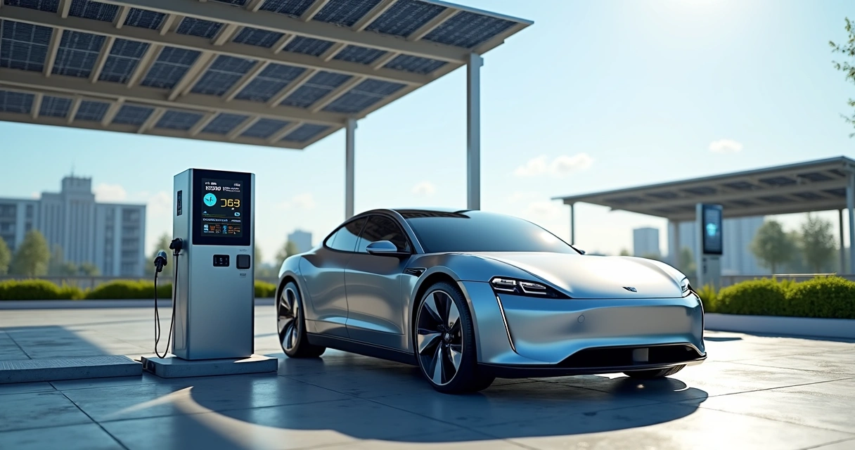 Veículo elétrico sendo recarregado em estação fotovoltaica com painel solar ao fundo 