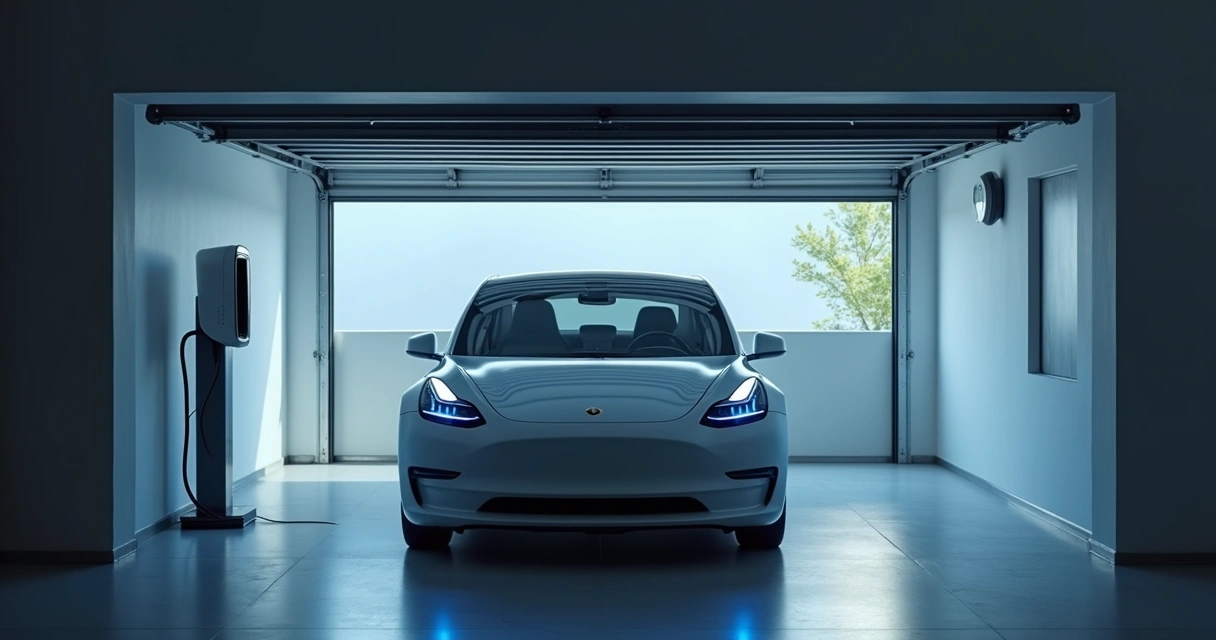 Carro elétrico parado na garagem, luz suave nas janelas 