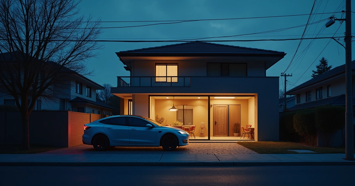 Carro elétrico abastecendo uma casa durante um apagão 