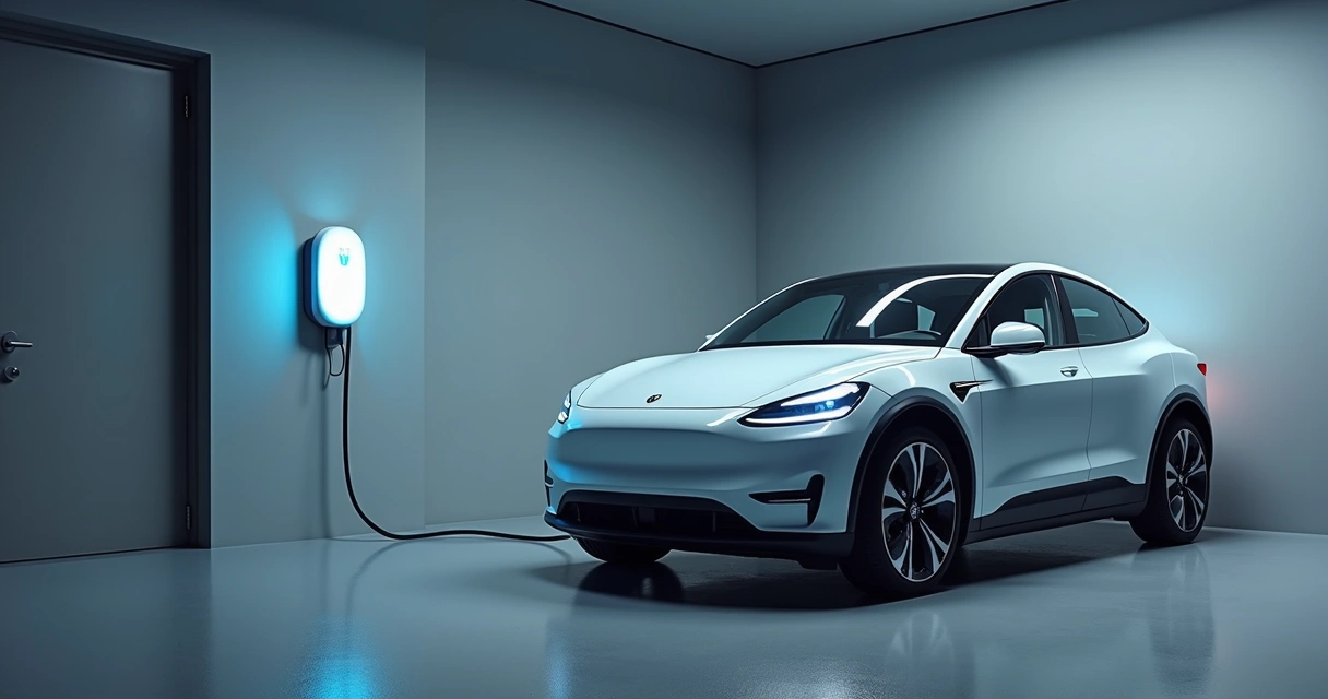 Carro elétrico ligado a estação de recarga em garagem moderna 
