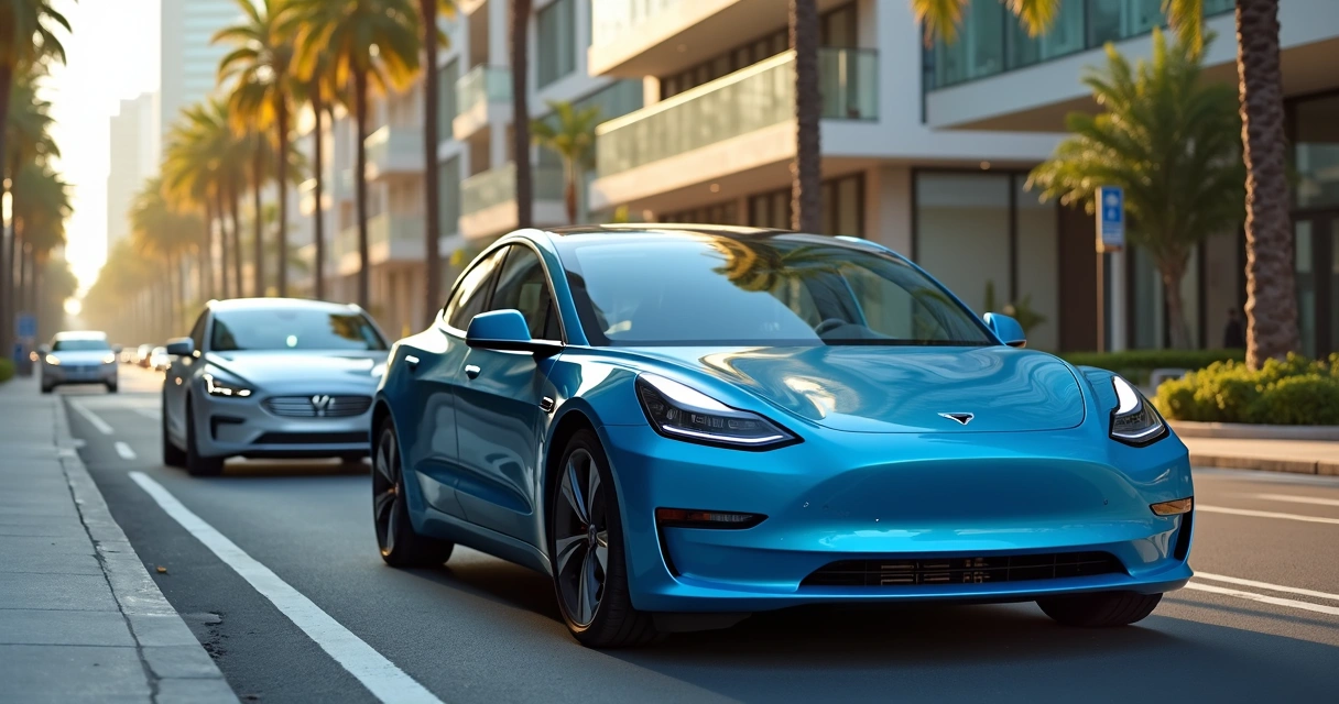 Carro elétrico azul e carro híbrido prata lado a lado em rua urbana