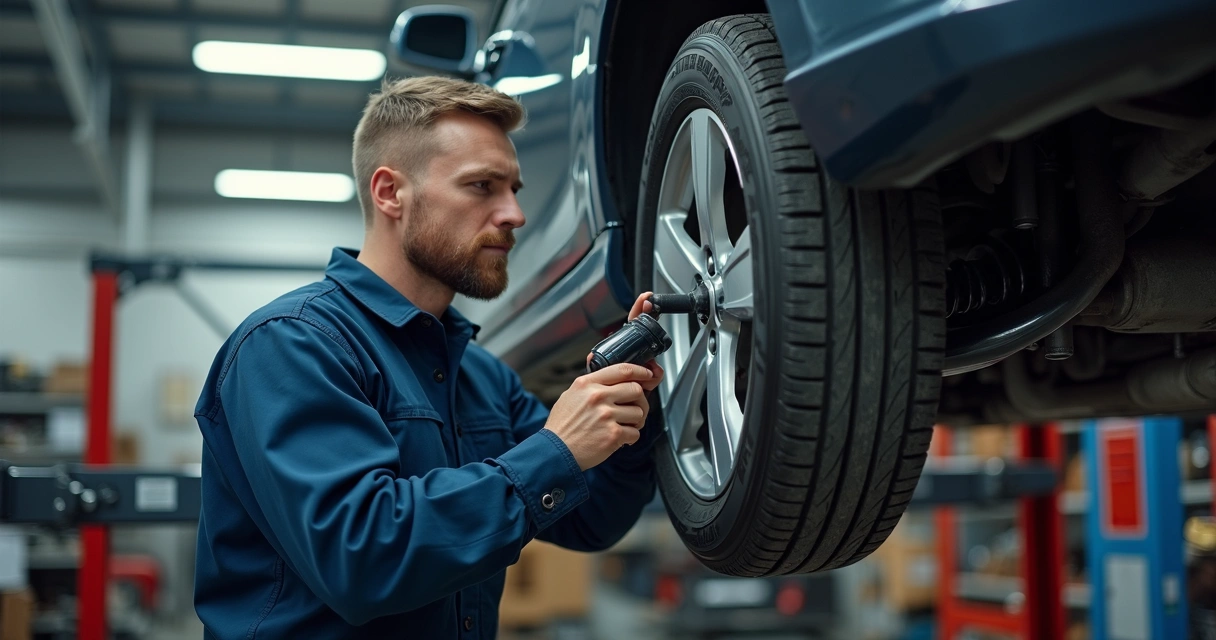 Carro sendo inspecionado na oficina com foco no amortecedor 
