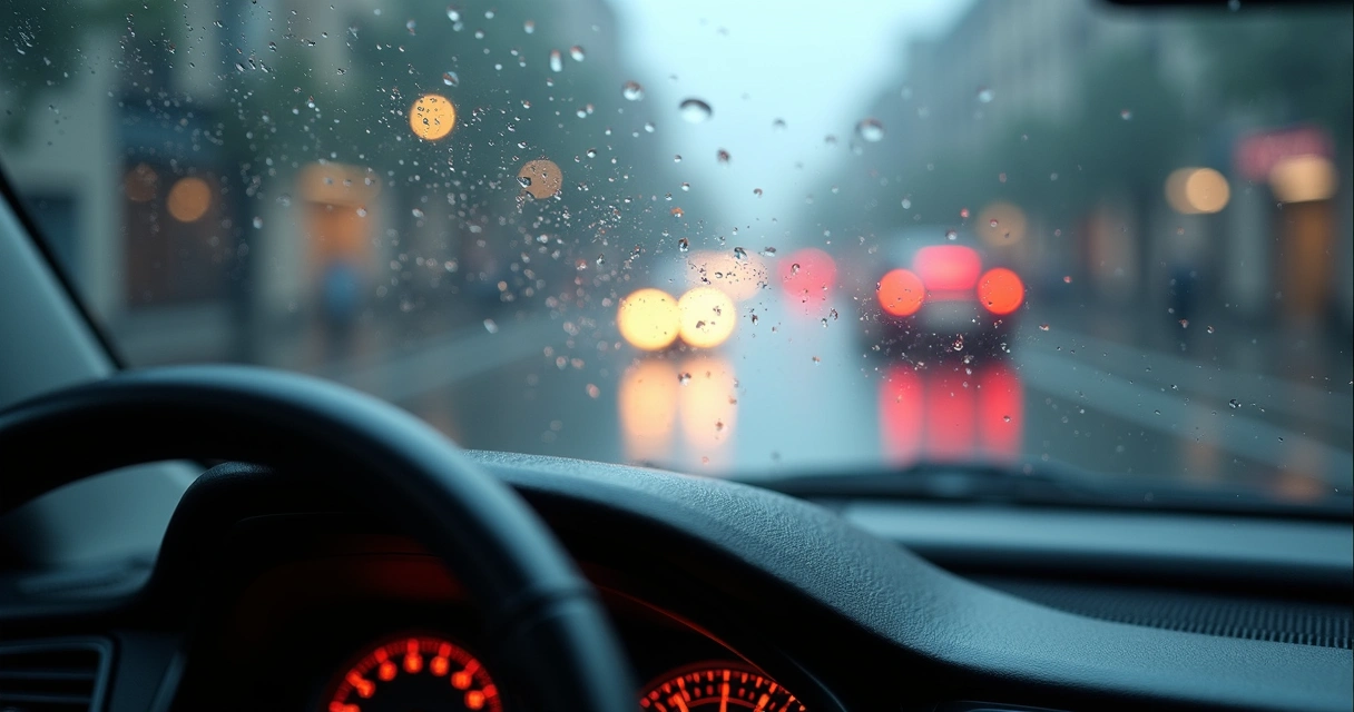 Painel de carro com vidro dianteiro embaçado e desembaçador ativado em dias úmidos 