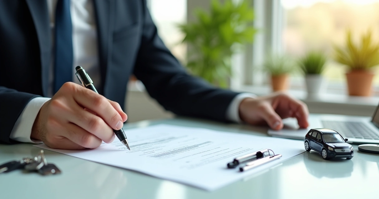 Pessoa analisando documentos e contrato ao lado de carro novo