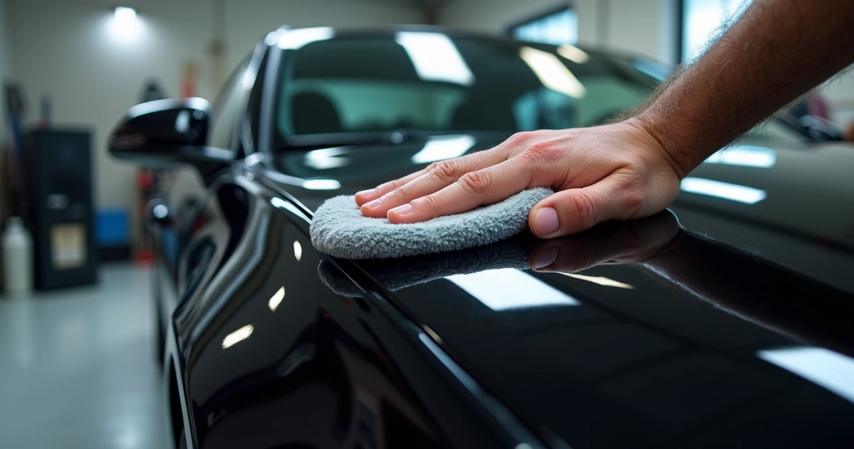 Pessoa encerando a pintura de um carro preto 