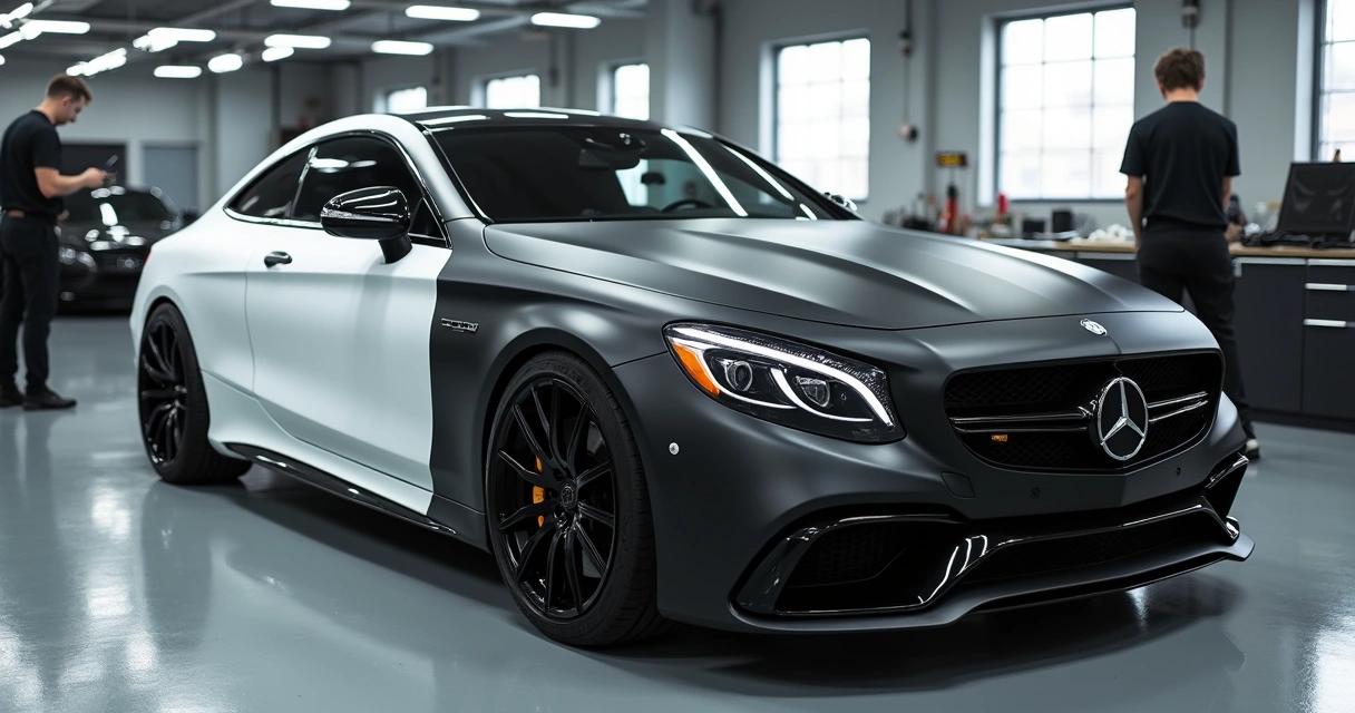 Carro com envelopamento parcial, mostrando lado original e lado envelopado 