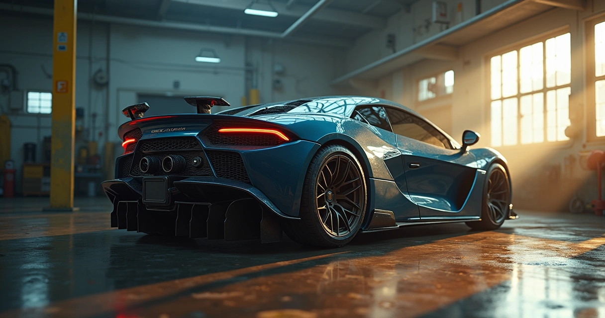 Carro parado com capô aberto e mecânico avaliando o motor sob luz clara em oficina organizada 