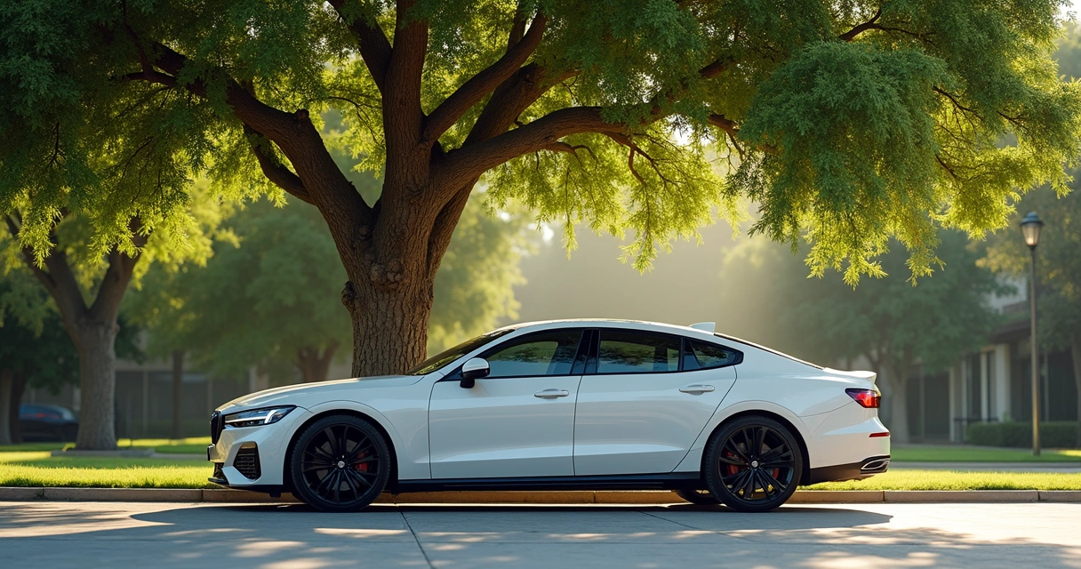 Carro estacionado à sombra de uma árvore em local limpo 