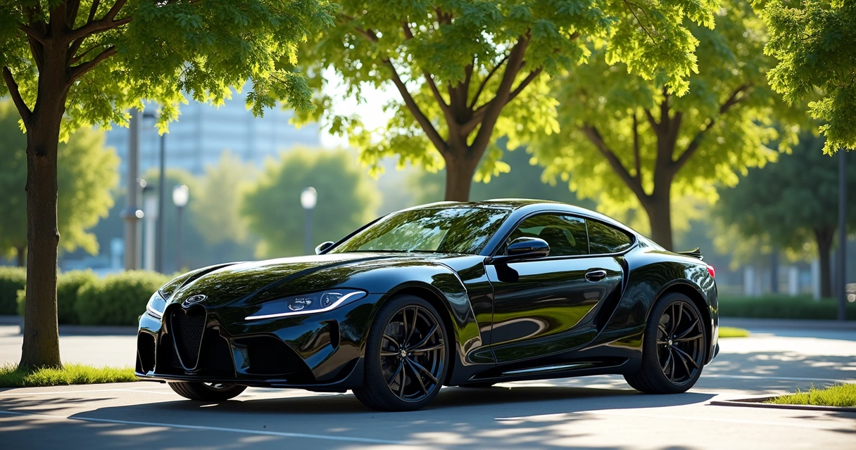 Carro preto estacionado em vaga sombreada com árvores ao redor em dia ensolarado 