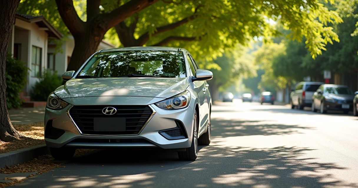 Carro estacionado sob árvores, sombra sobre o capô 