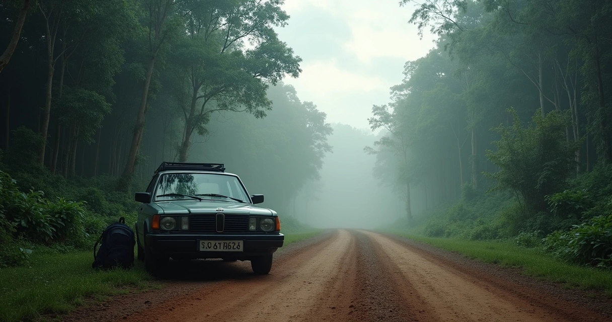 Carro parado em estrada de terra cercada por mata