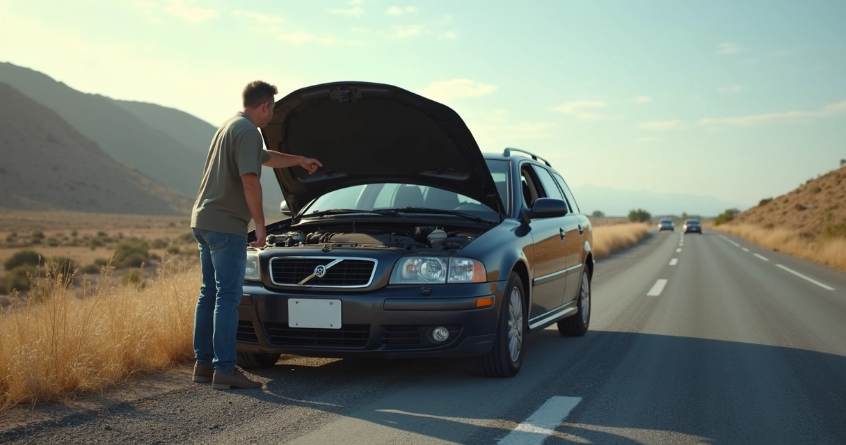 Carro parado em acostamento com motorista olhando motor 