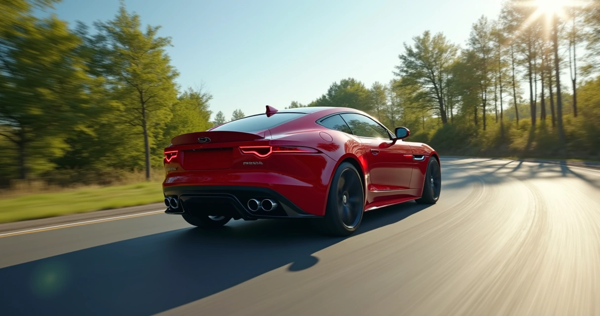 Carro vermelho fazendo curva em pista asfaltada 