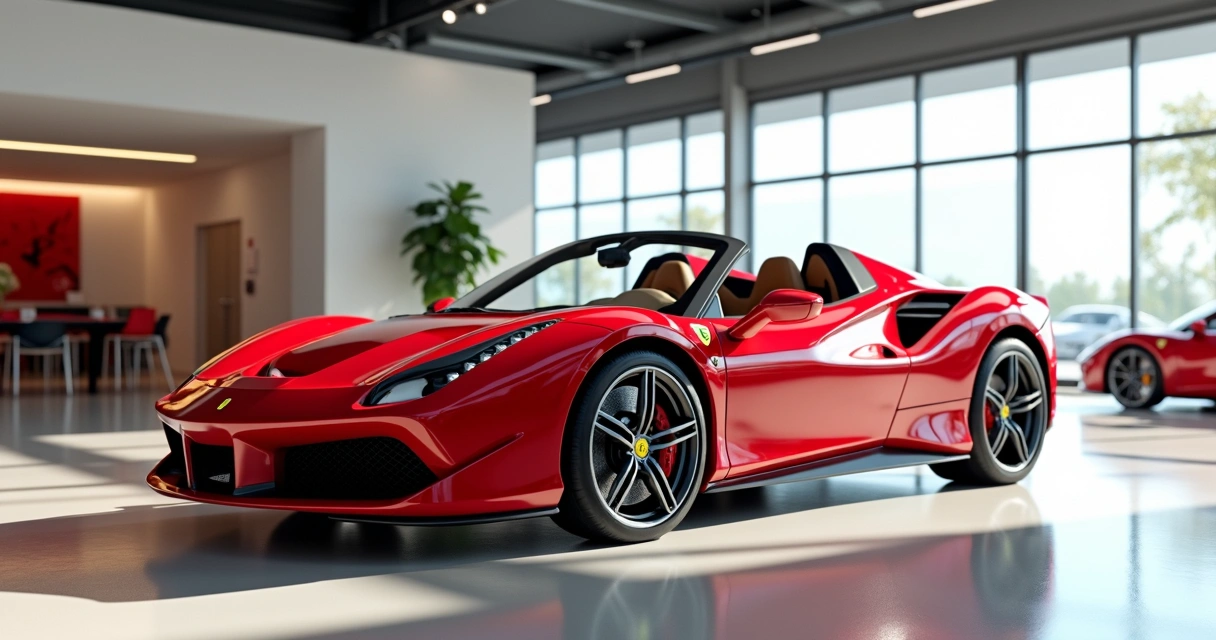 Carro Ferrari vermelho brilhante exibido em showroom moderno com luz natural e detalhes ultra-realistas 