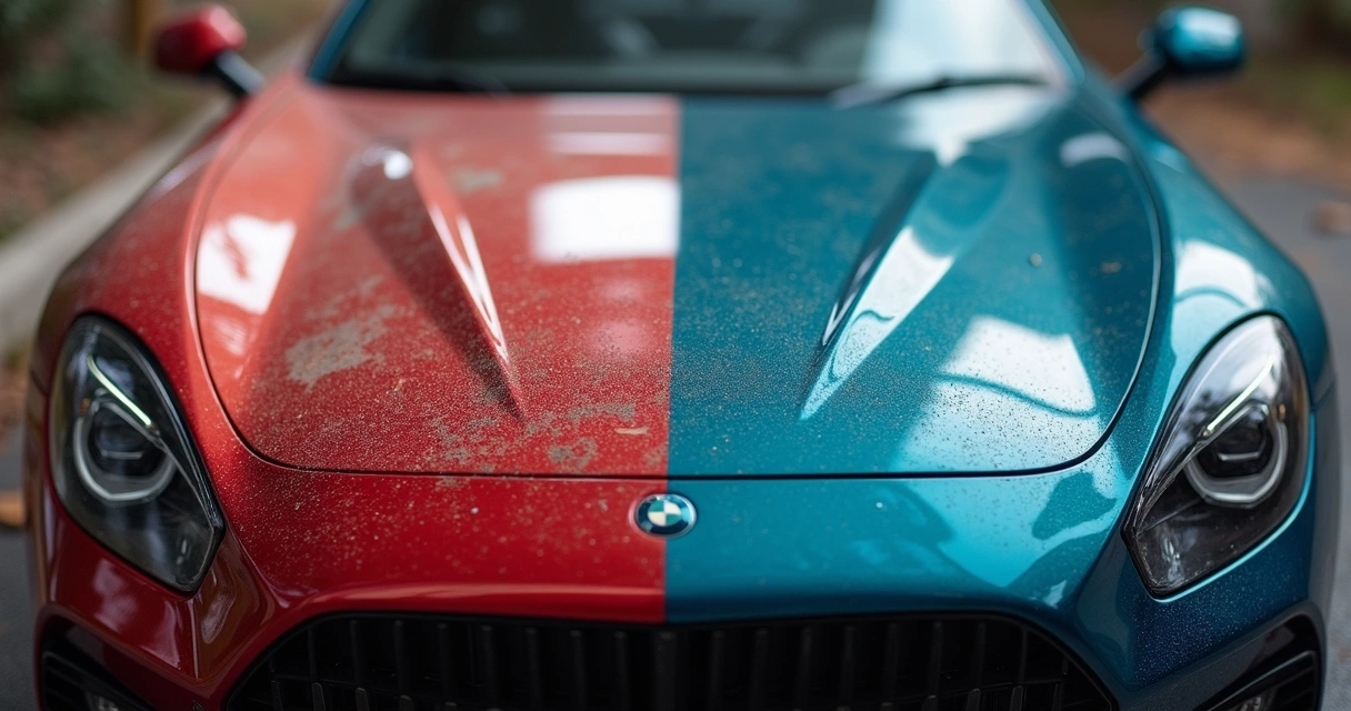 Comparação de pintura automotiva fosca e brilhante após revitalização 