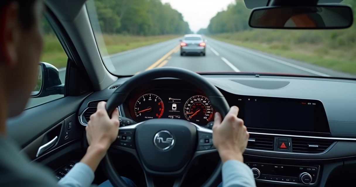 Motorista segurando volante vibrando ao frear em rodovia 