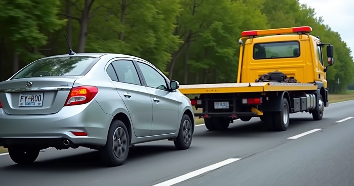 Carro em um guincho na estrada 