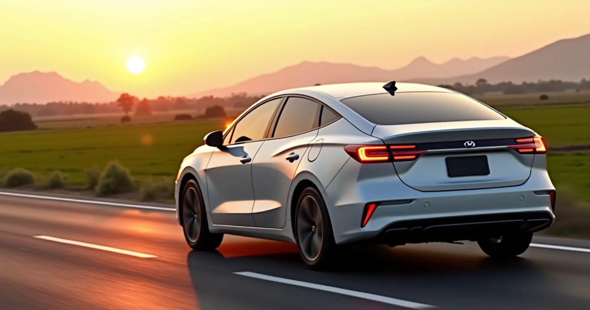 Carro híbrido conduzido em estrada, com paisagem de campo brasileiro ao fundo, luz do pôr do sol 