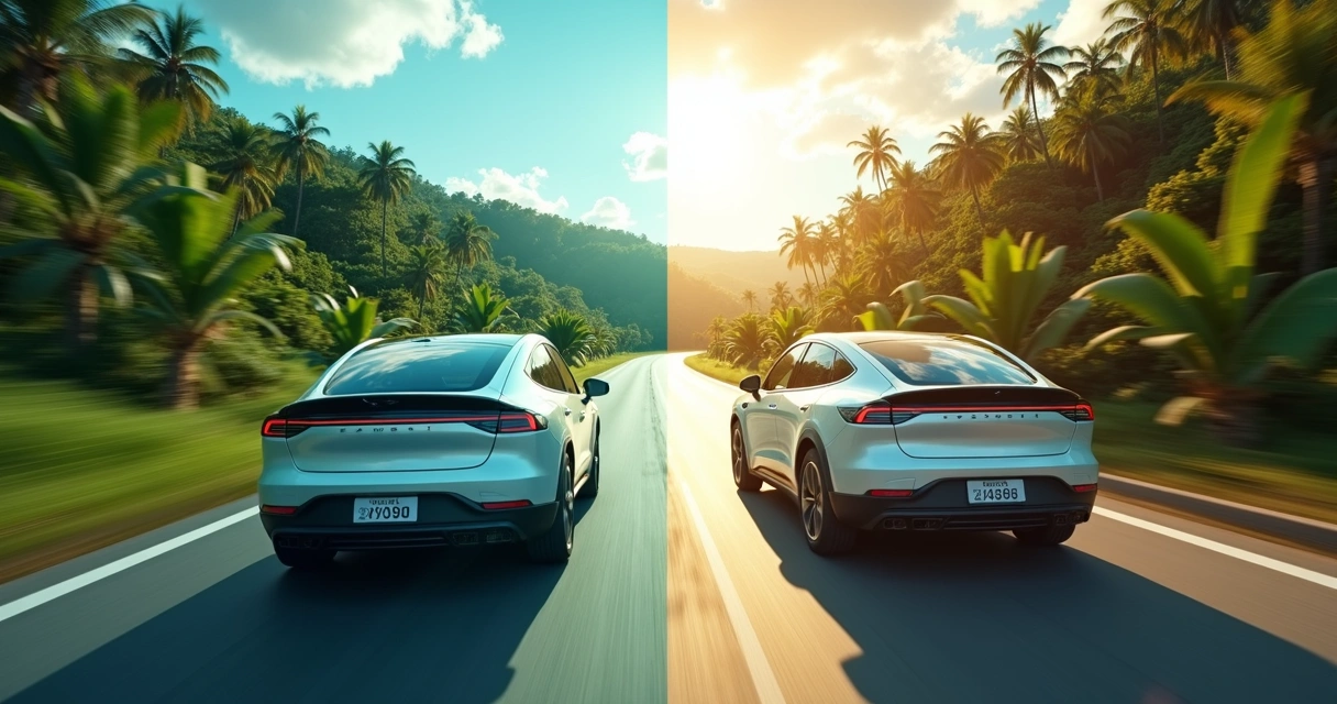 Carro híbrido comparado com elétrico puro na estrada 