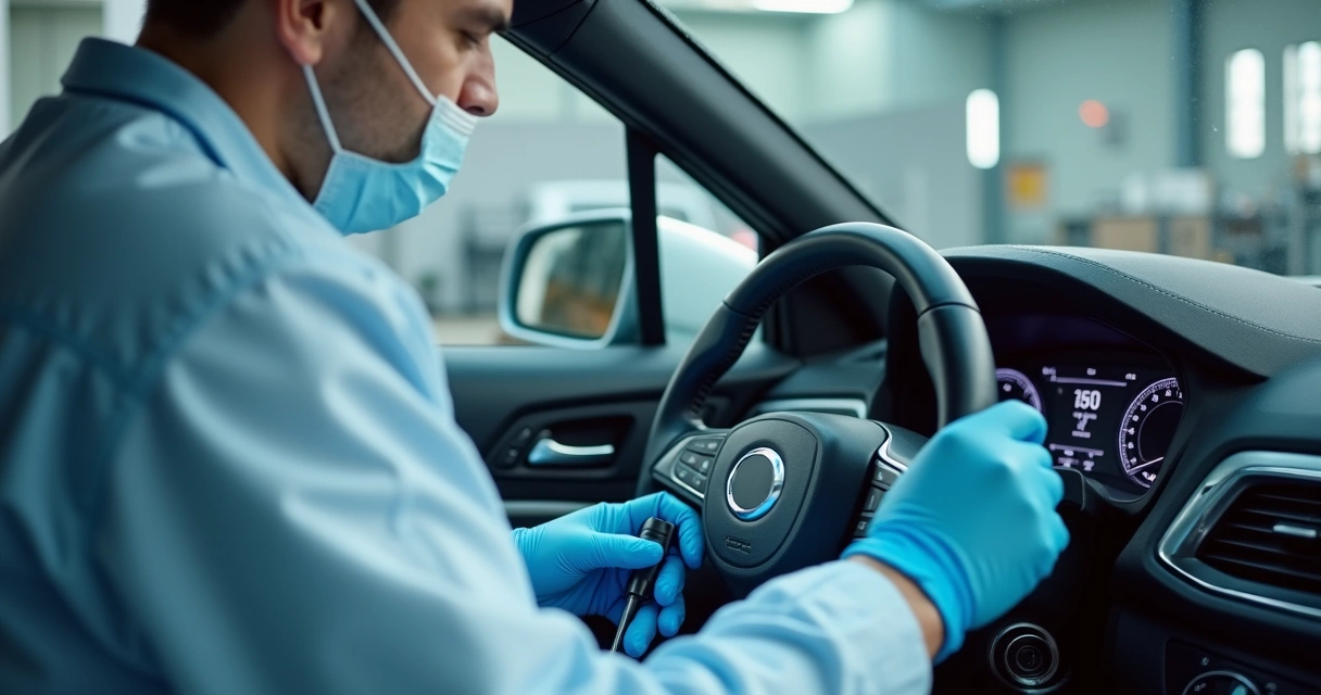 Técnico fazendo higienização em carro