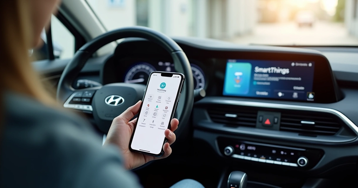 Interior de carro Hyundai com painel digital e smartphone conectado