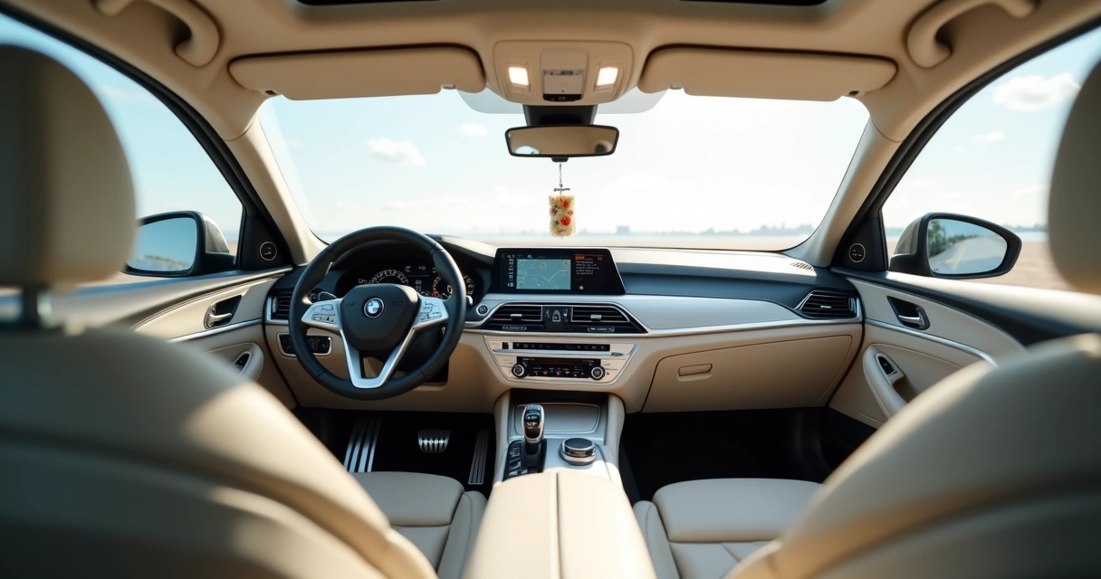 Interior de carro limpo com ventilação aberta e bancos claros 