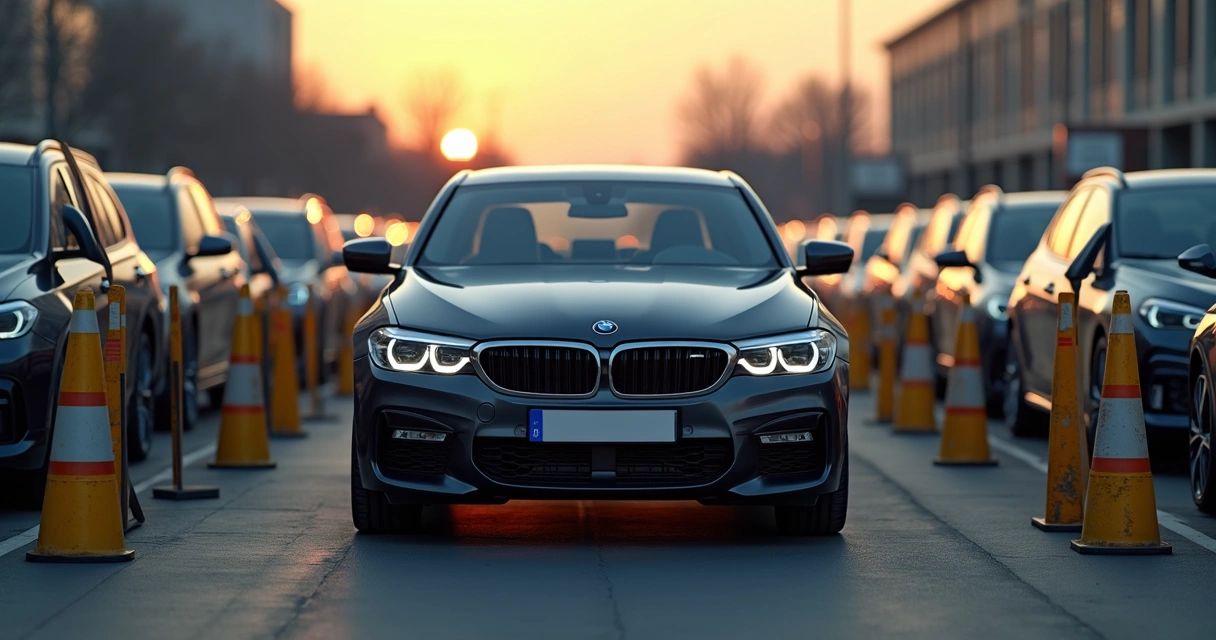 Veículo apreendido em pátio de leilão, cercado por barreiras e placas de aviso, ambiente ao entardecer com detalhes da placa do carro e lotes ao fundo 