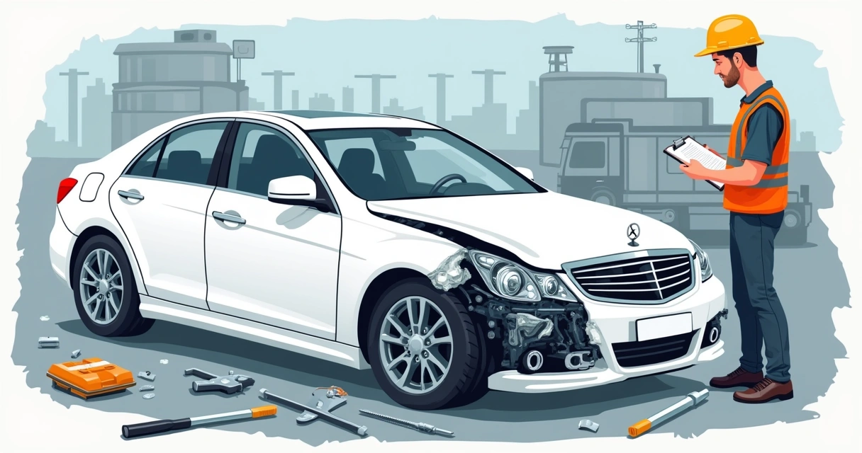 Carro com frente danificada e peças estruturais expostas 