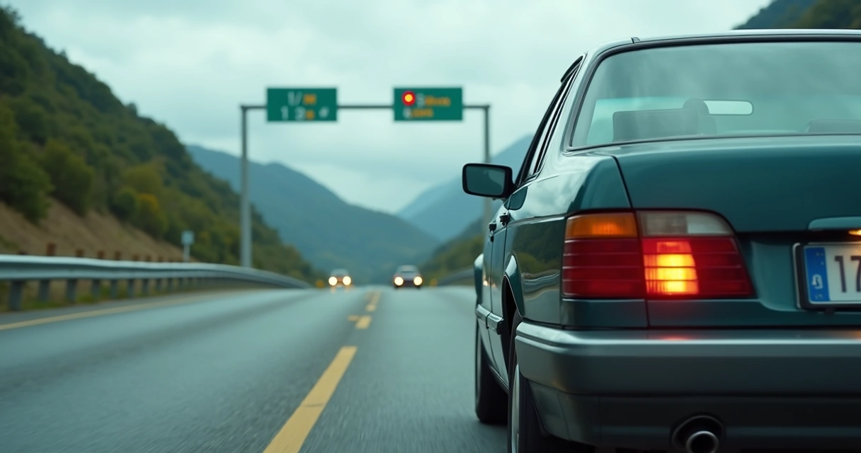Carro parado na divisa entre dois estados, placa visível, estrada e placa de trânsito ao fundo, clima nublado 