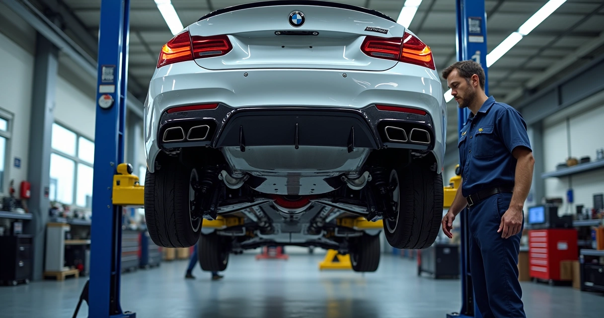 Carro elevado em oficina mostrando suspensão multilink 