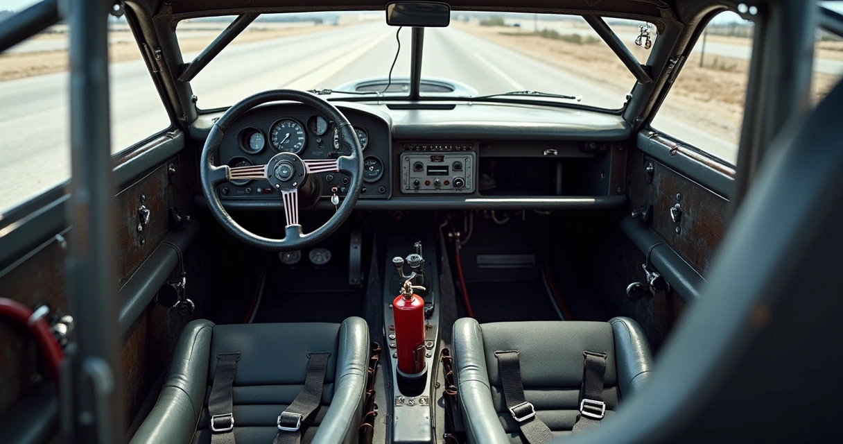 Interior de carro NASCAR mostrando chassi tubular e volante simples 