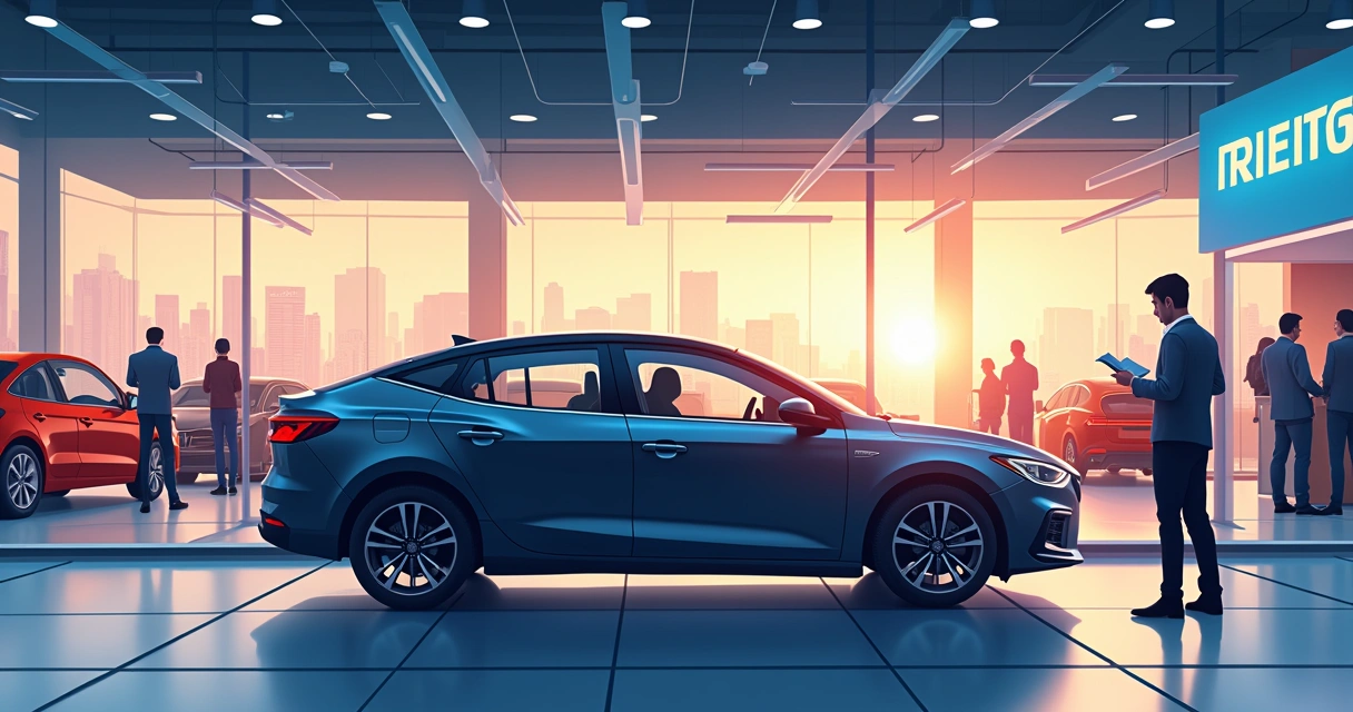 Ilustração de um carro novo em uma concessionária, com direitos do consumidor destacados ao lado.