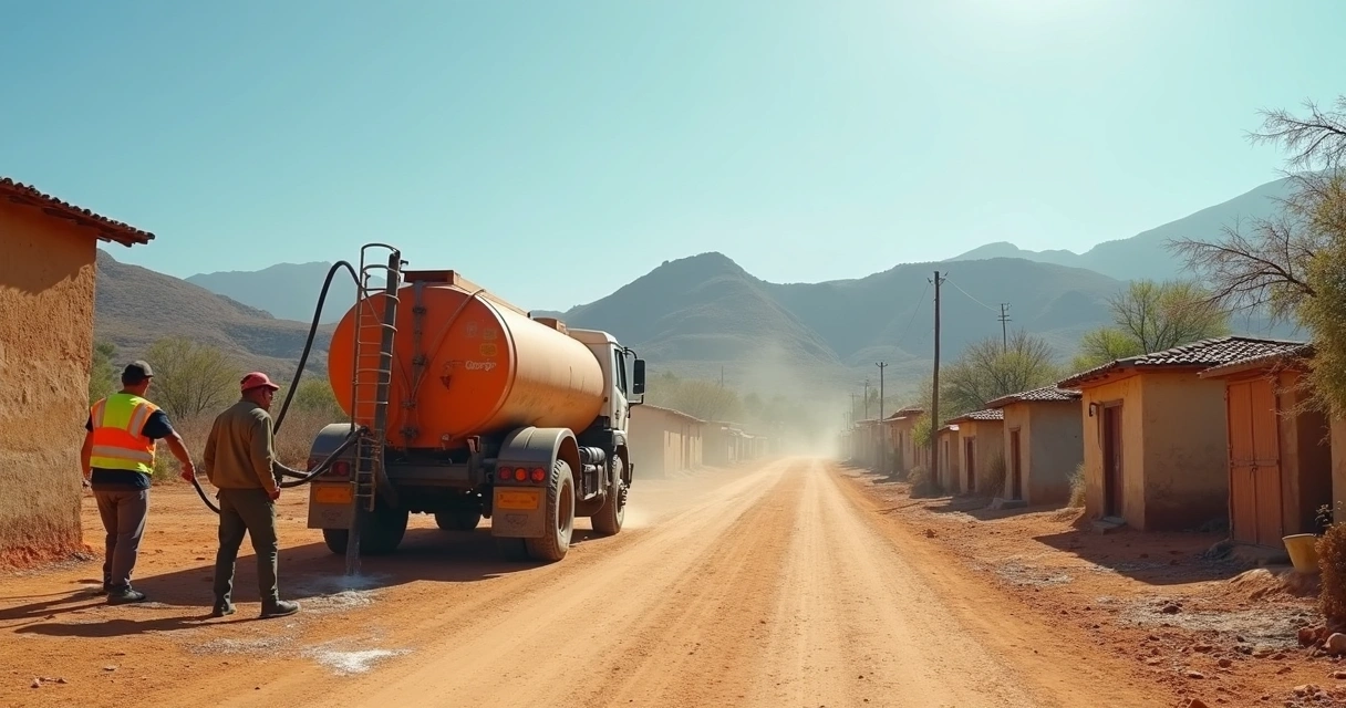 Carro-pipa abastecendo reservatório em comunidade do Seridó. 