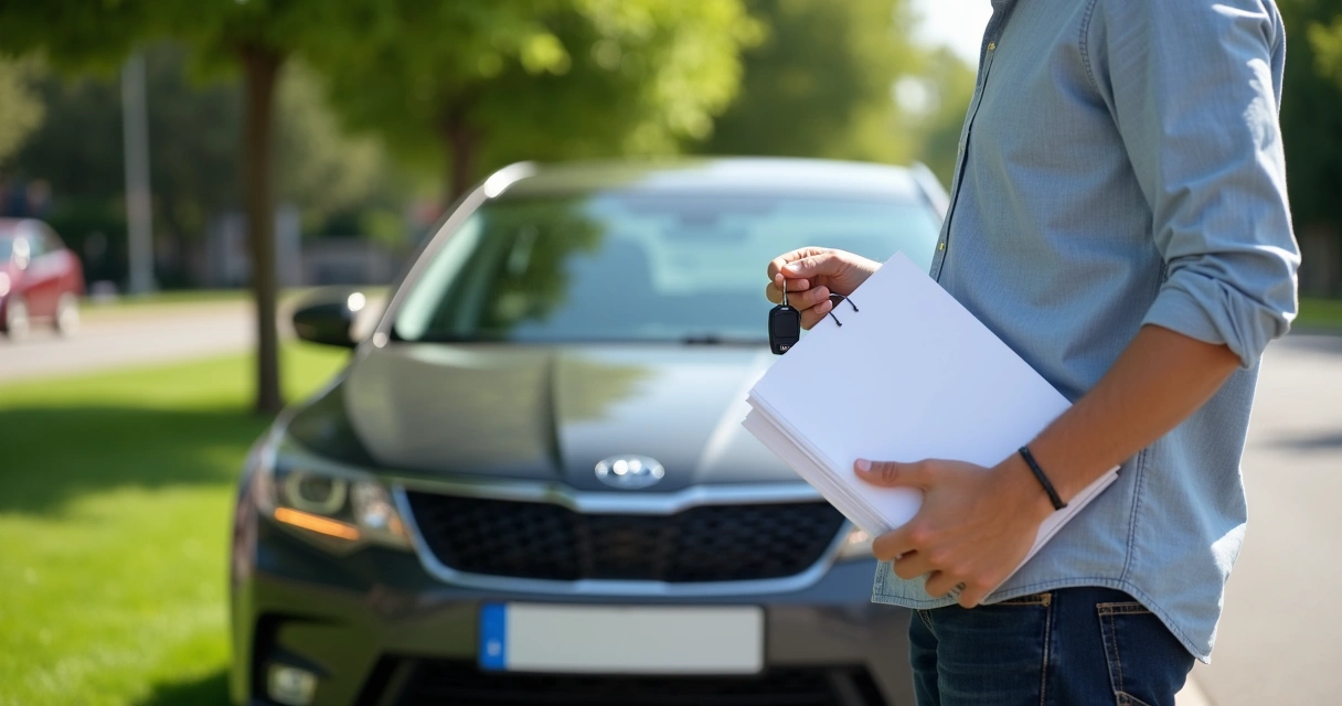 Pessoa com visão monocular ao lado do carro com placa e papelada de IPVA 