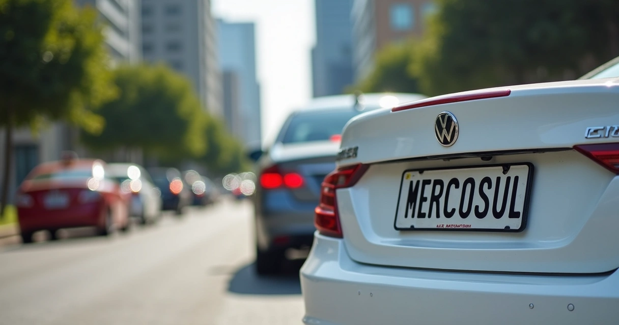 Placa padrão Mercosul em carro urbano 